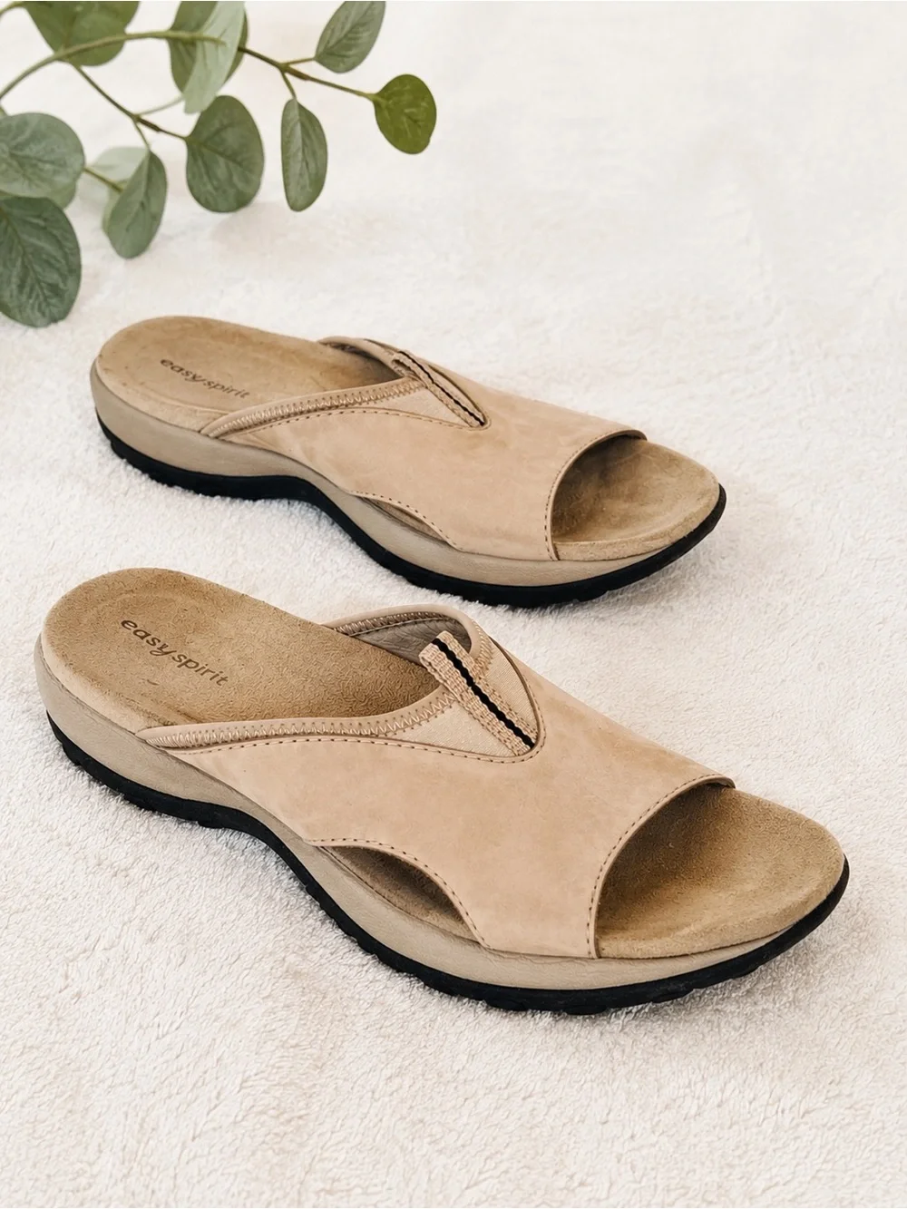 Easy Spirit Tan Taupe Nubuck Leather Slip-On Wedge Sandals Size 6